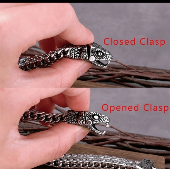 Nordic Viking Stainless Steel Snake Head Men Bracelet 9" - Picture 2 of 7